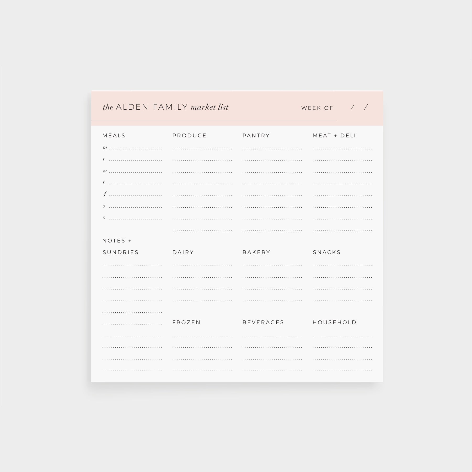 Personalized market list notepad with weekly meal planner and grocery sections in soft blush neutral design.