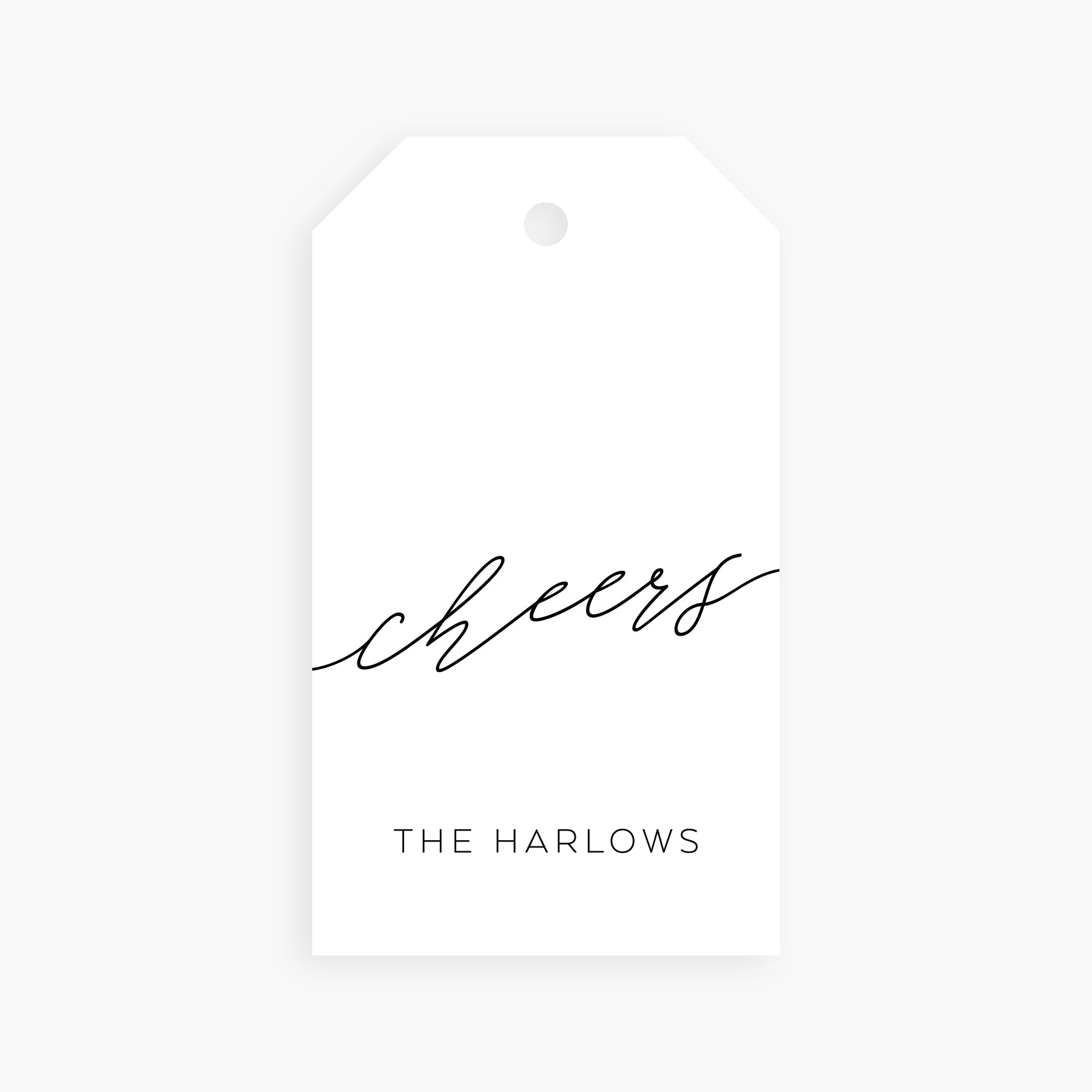 Personalized gift tag with the word cheers in black script and custom name below.