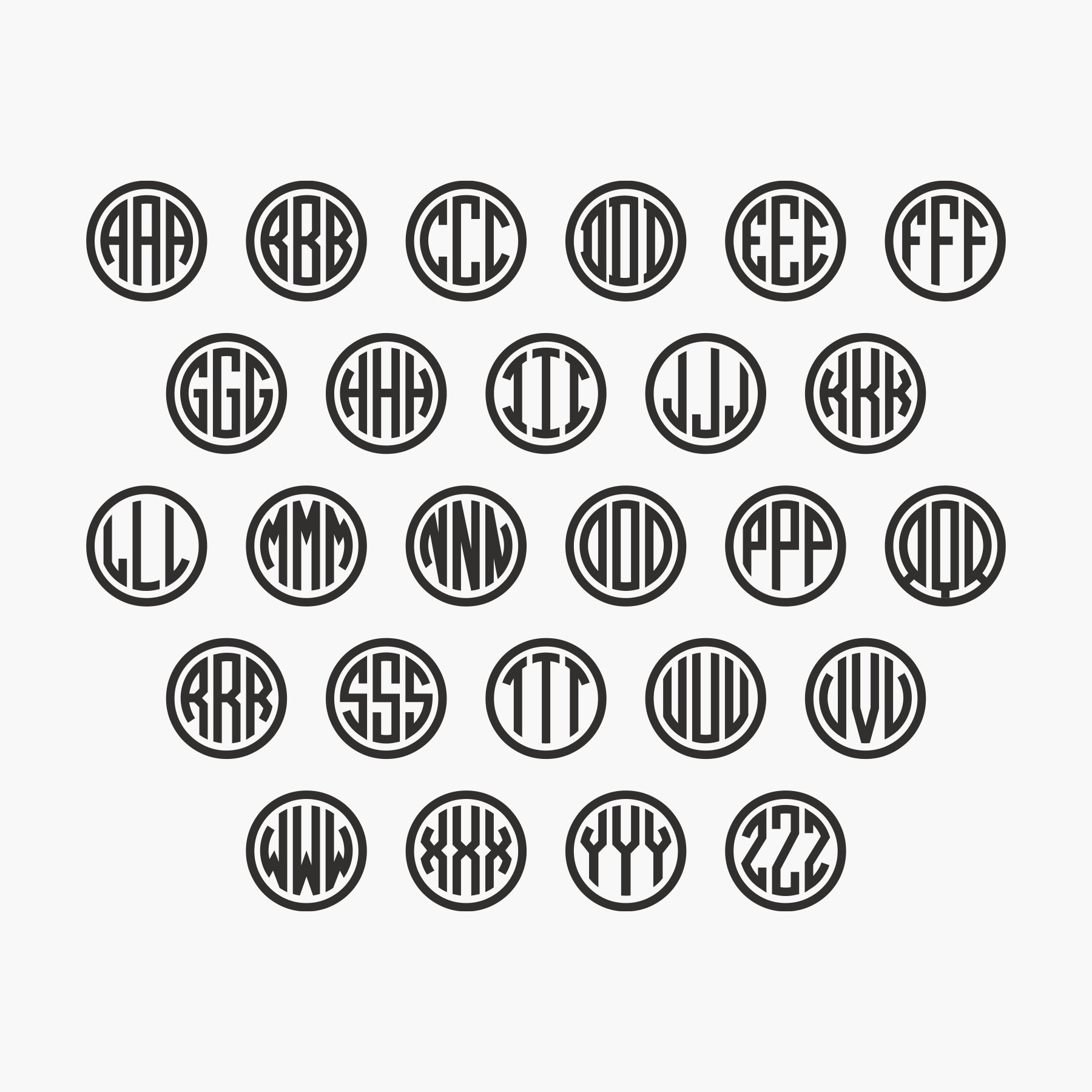 Circle monogram alphabet design chart showing all letter combinations available from A to Z.