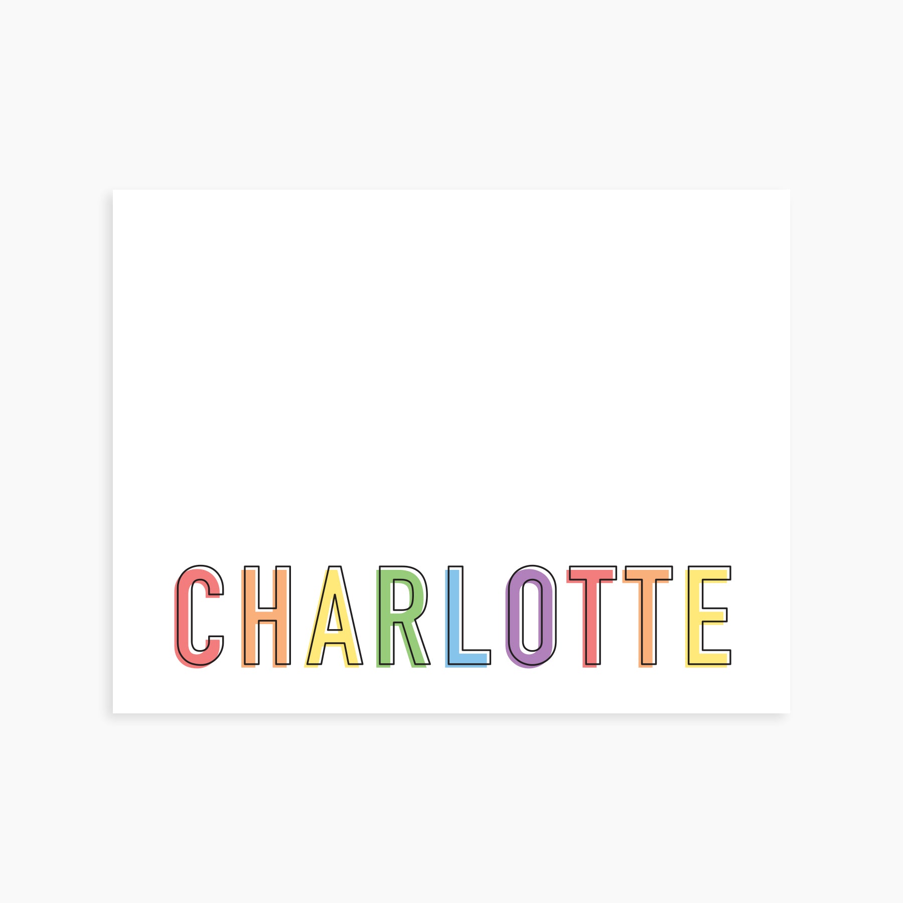 Personalized note card with custom name in rainbow block letters on white stationery.