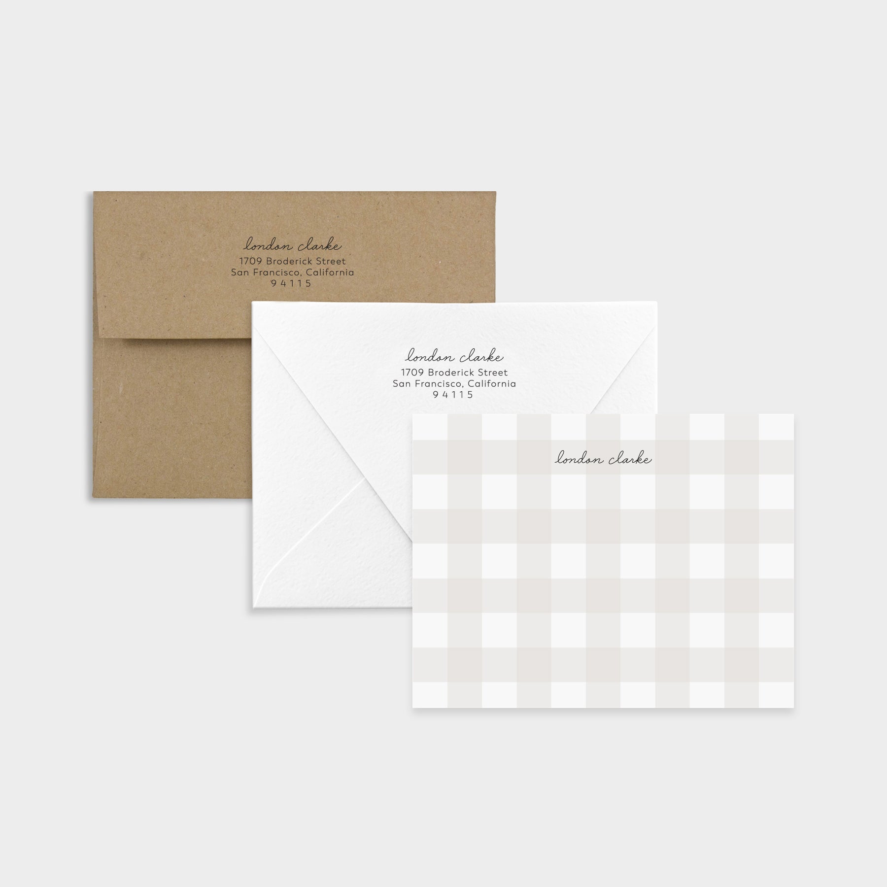 Personalized note card with neutral gingham pattern and return-addressed envelopes in white and kraft.