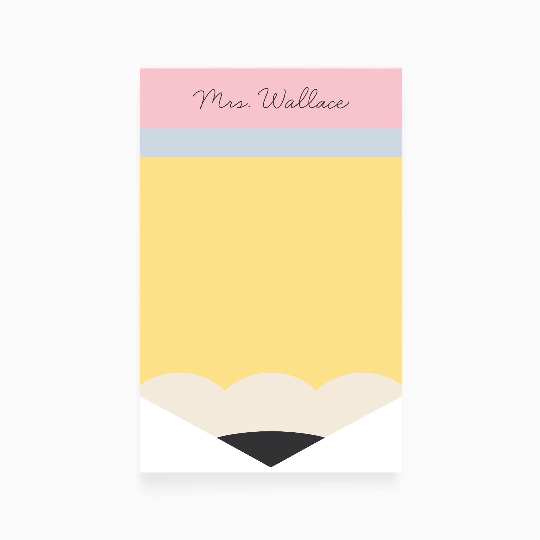 Personalized teacher notepad designed like a pencil with pink, dusty blue, and yellow color blocking.