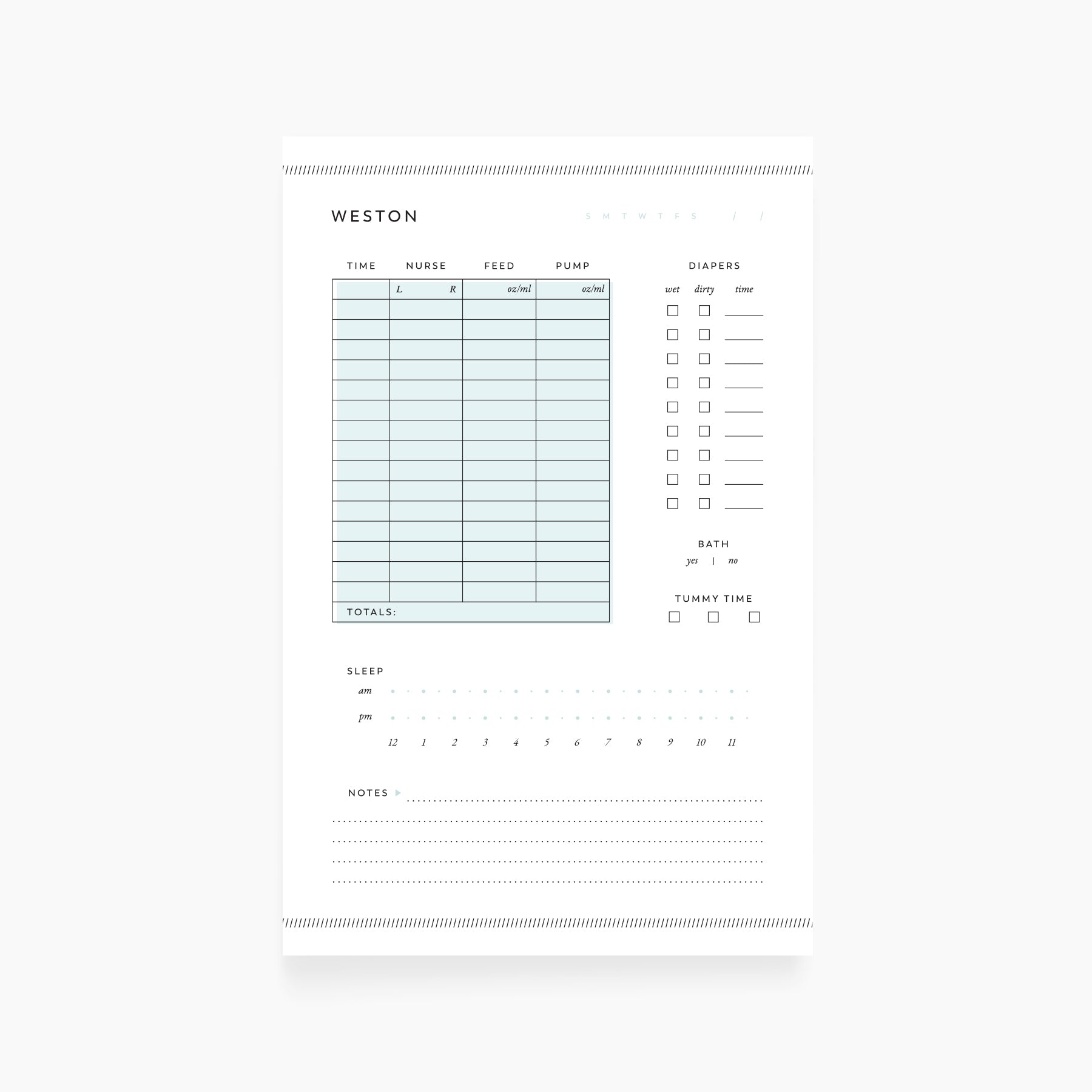 Single baby daily care log notepad with pale blue sections for tracking nursing, feeding, pumping, diaper changes, sleep, and notes — minimal modern layout on white background.