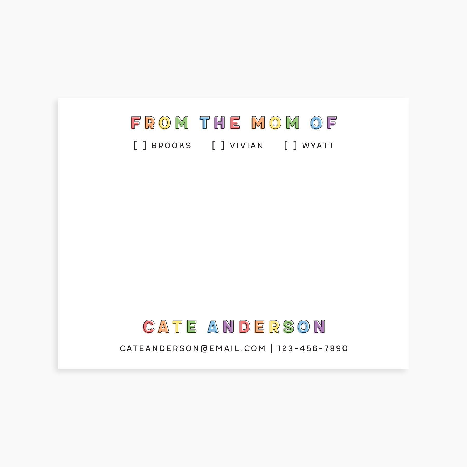 Personalized notes-to-school notepad with rainbow block lettering, kid checkboxes, and parent contact info.