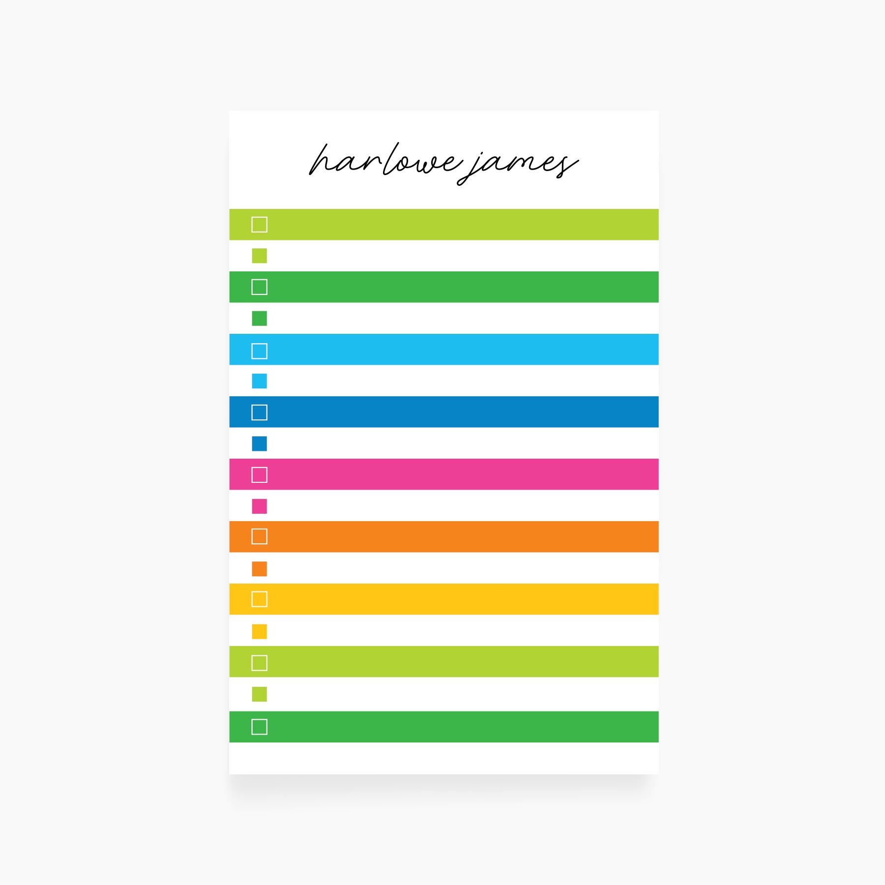 Personalized checklist notepad with bright rainbow stripes and checkboxes beneath custom name.