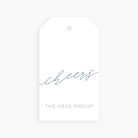 Personalized gift tag with the word cheers in dusty blue script and custom family or group name below.