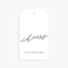 Personalized gift tag with the word cheers in black script and custom name below.