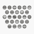 Circle monogram alphabet design chart showing all letter combinations available from A to Z.