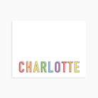 Personalized note card with custom name in rainbow block letters on white stationery.