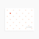 Personalized note card with blush heart pattern and one red accent heart for everyday correspondence or thank-you notes.
