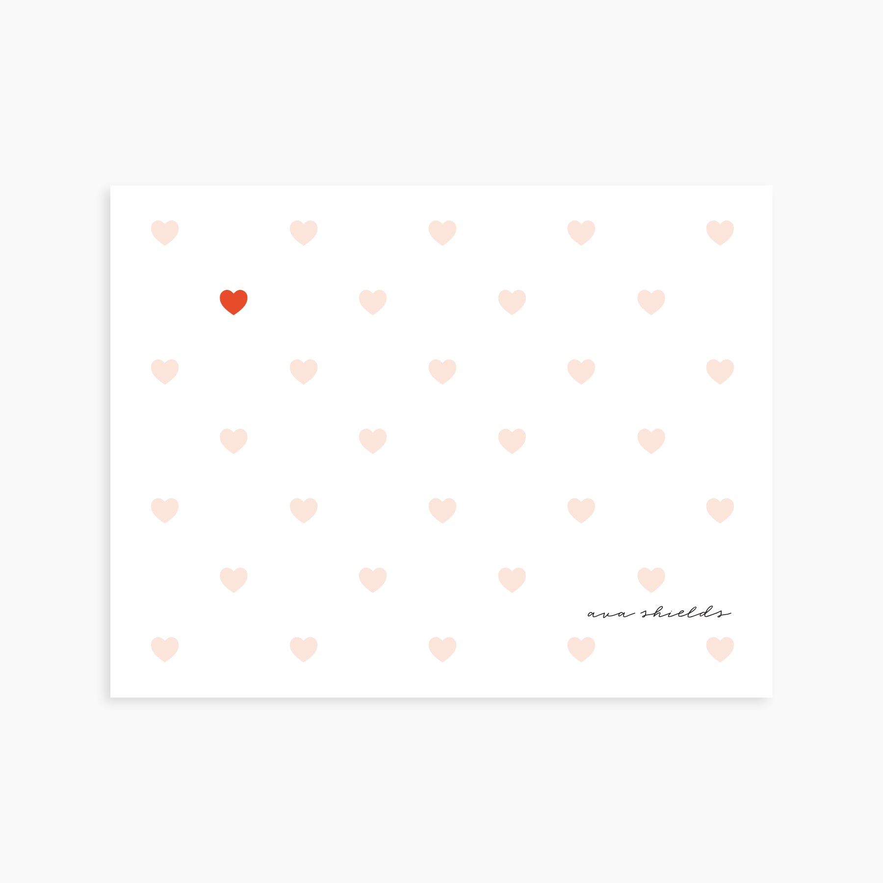 Personalized note card with blush heart pattern and one red accent heart for everyday correspondence or thank-you notes.