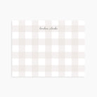 Personalized note card with neutral gingham pattern and elegant script name in black ink.