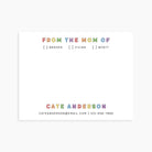 Personalized notes-to-school notepad with rainbow block lettering, kid checkboxes, and parent contact info.