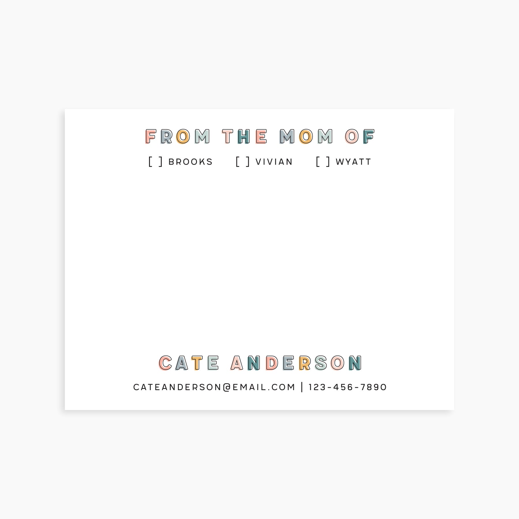 Personalized from-the-mom-of notepad with pastel block lettering, kid checkboxes, and parent contact info.
