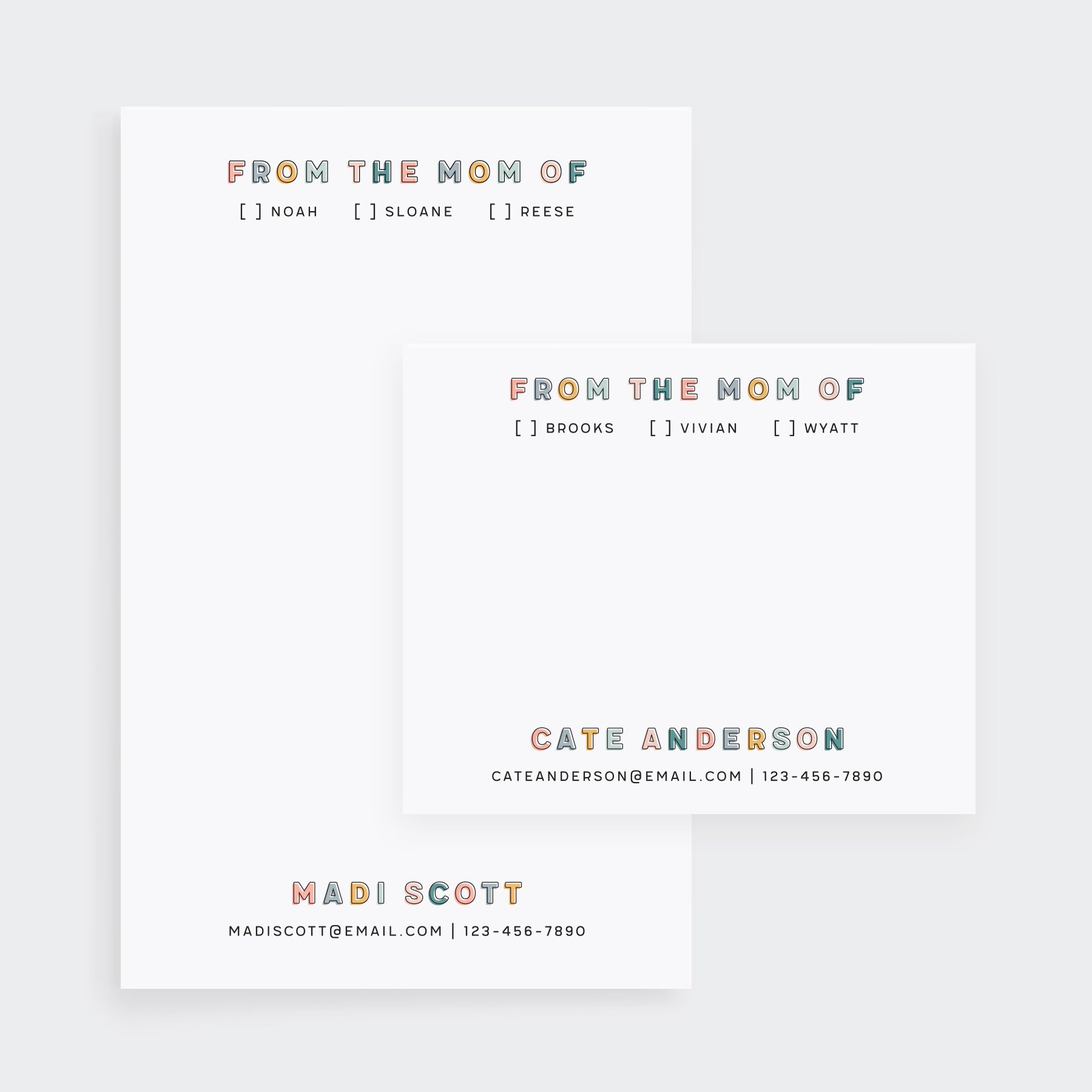Personalized “Mom Of” notepads in two sizes featuring rainbow block lettering, kid checkboxes, and parent contact info.