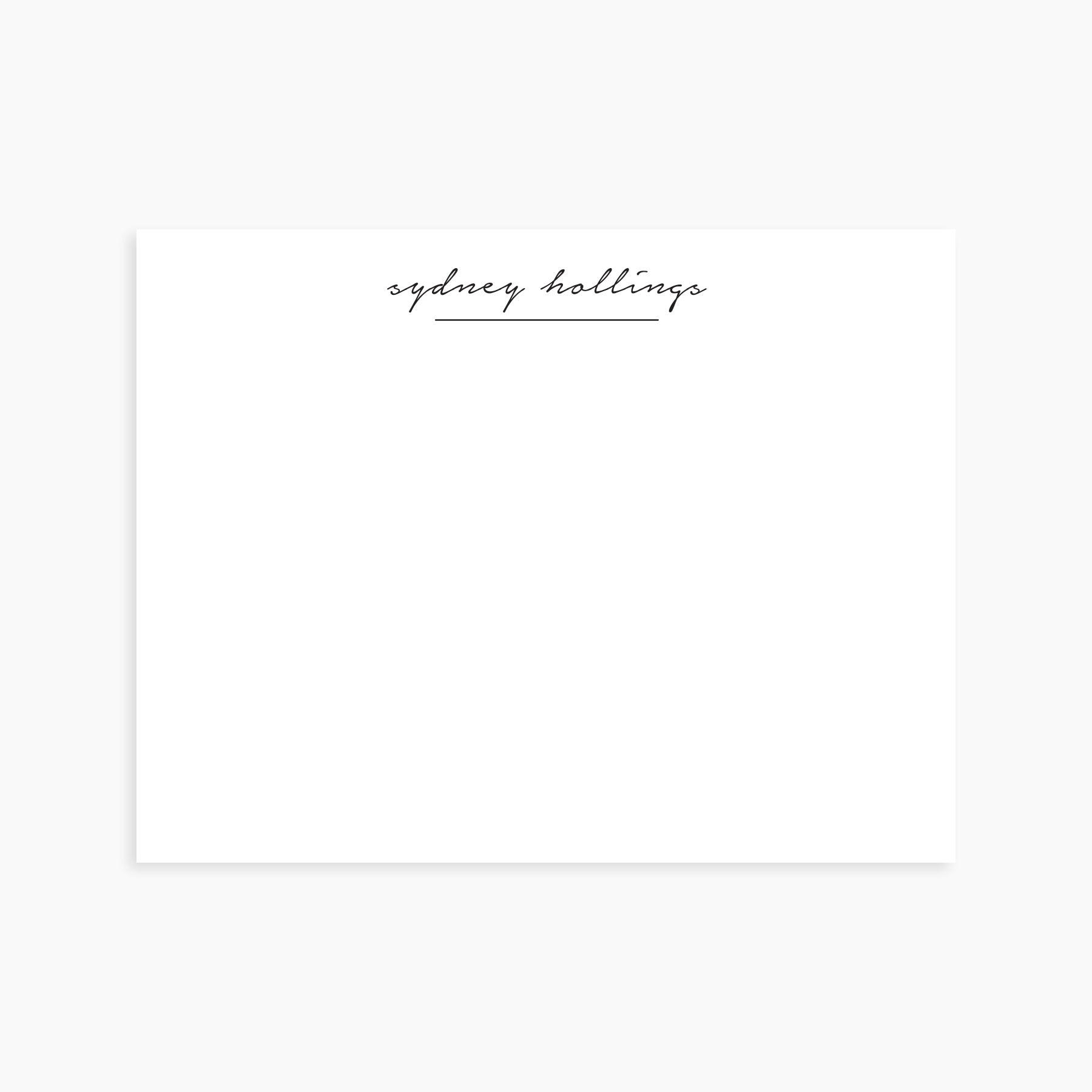 Personalized flat note card featuring elegant script name in minimalist black lettering on white cardstock.
