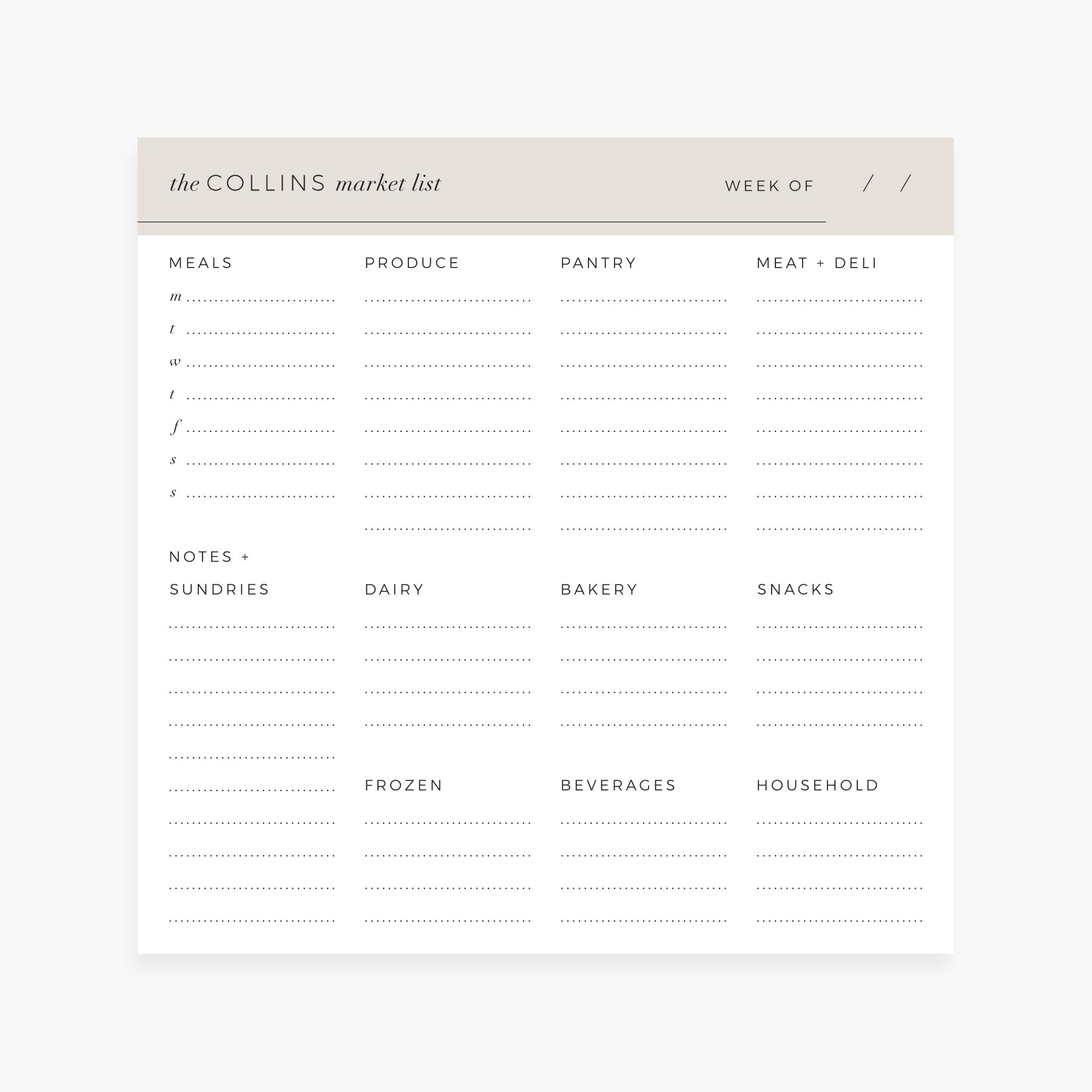 Personalized market list notepad with weekly meal planner and grocery sections in a minimalist neutral design.